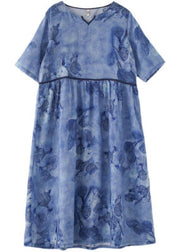 Natural White Print Cinched Summer Linen Dress - SooLinen