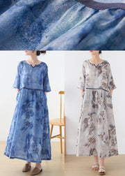 Natural White Print Cinched Summer Linen Dress - SooLinen