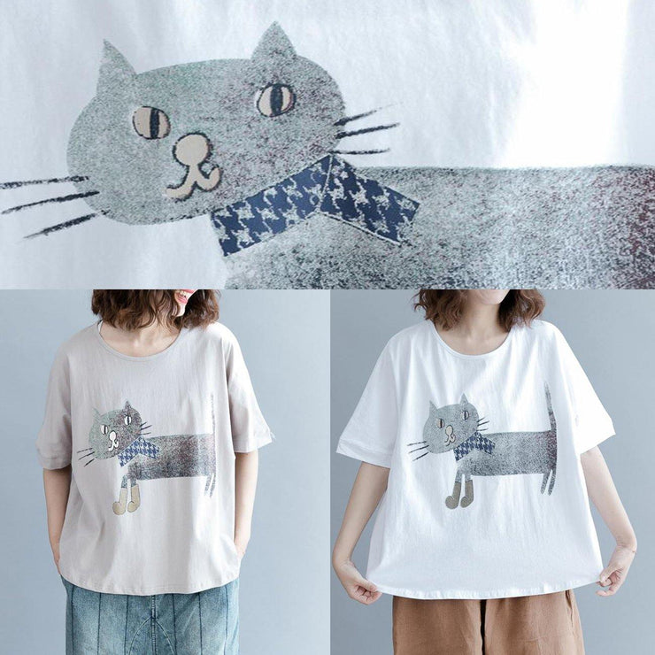 Natural White cotton box top Indian Cotton Short Sleeve Animal Round Neck Blouse - SooLinen