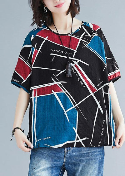 Natural asymmetric prints cotton tunics for women o neck oversized summer blouse - SooLinen