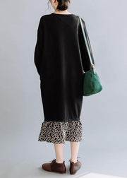 Natural black dresses o neck asymmetric false two pieces Dresses fall Dress - SooLinen