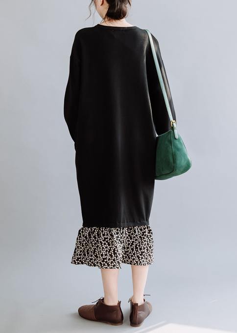 Natural black dresses o neck asymmetric false two pieces Dresses fall Dress - SooLinen