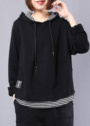 Natural black patchwork cotton clothes hooded false two pieces daily autumn tops - SooLinen