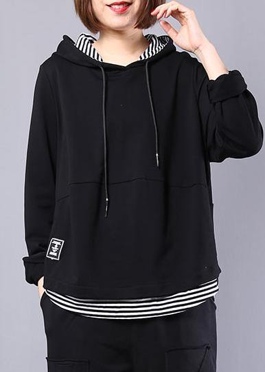 Natural black patchwork cotton clothes hooded false two pieces daily autumn tops - SooLinen