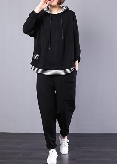 Natural black patchwork cotton clothes hooded false two pieces daily autumn tops - SooLinen