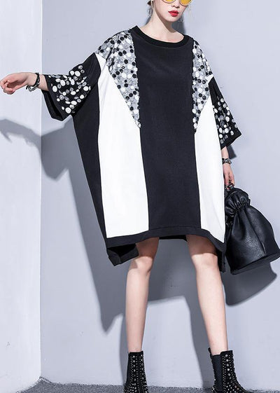 Natural black white patchwork cotton clothes Sequined Plus Size Clothing summer tops - SooLinen