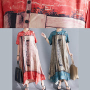 Natural blue prints chiffon tunic top stand collar Dresses summer Dress - SooLinen