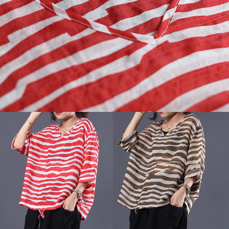 Natural brown striped v neck cotton Long Shirts drawstring hem baggy summer blouses - SooLinen