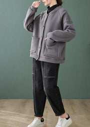 Natural gray Fine coat for woman Gifts o neck Button Down coats - SooLinen