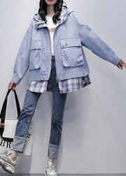 Natural gray blue patchwork plaid Fine trench coat Shirts hooded pockets outwears - SooLinen