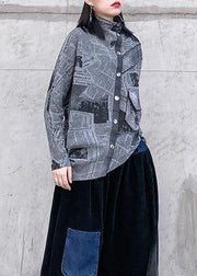 Natural gray prints cotton clothes asymmetric Midi half high neck top - SooLinen