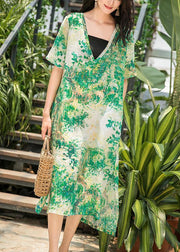 Natural green print linen Wardrobes v neck side open Maxi summer Dresses - SooLinen