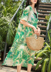 Natural green print linen Wardrobes v neck side open Maxi summer Dresses - SooLinen