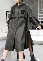 Natural lapel collar patchwork tulle cotton tunic dress Work gray green Traveling lapel Dress - SooLinen