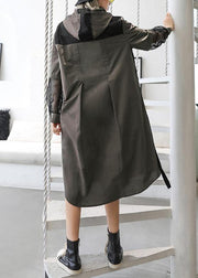 Natural lapel collar patchwork tulle cotton tunic dress Work gray green Traveling lapel Dress - SooLinen
