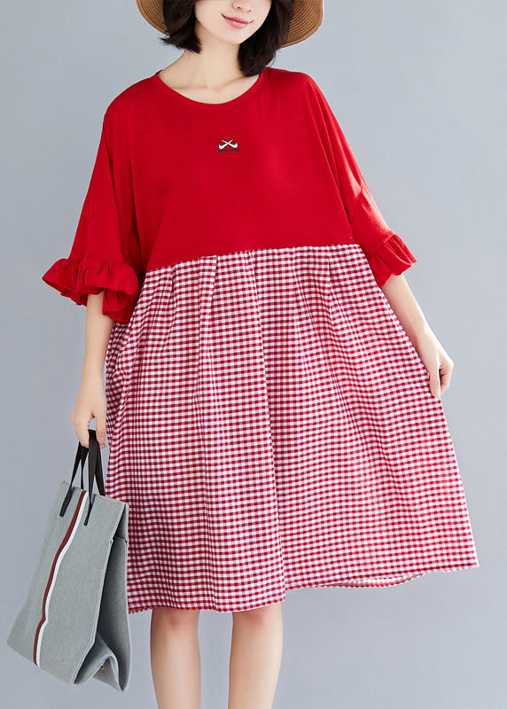 Natural o neck Butterfly Sleeve Cotton clothes Omychic Outfits red Plaid short Dresses Summer