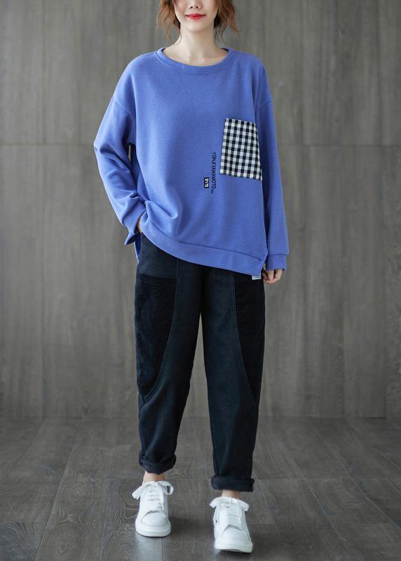 Natural o neck patchwork  maxi coat blue Knee women coats - SooLinen