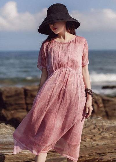 Natural pink cotton quilting clothes short sleeve loose summer Dress - SooLinen