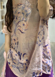Natural pink prints linen top silhouette low high design short summer shirt - SooLinen