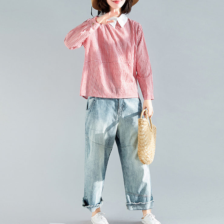 Natural red plaid cotton top silhouette 2025 Work Outfits lapel collar Plus Size Clothing pullover blouse