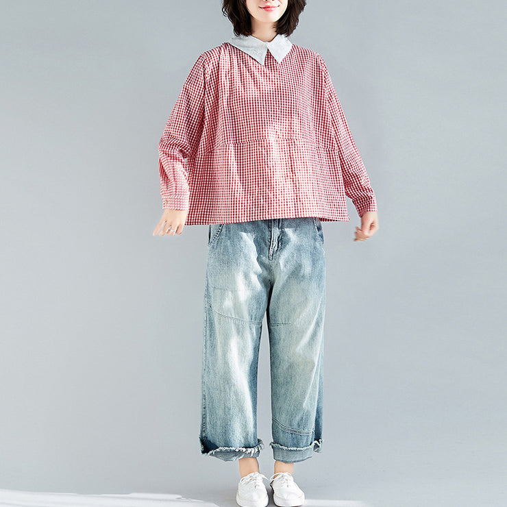 Natural red plaid cotton top silhouette 2025 Work Outfits lapel collar Plus Size Clothing pullover blouse
