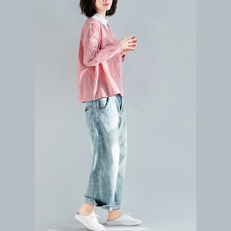 Natural red plaid cotton top silhouette 2025 Work Outfits lapel collar Plus Size Clothing pullover blouse