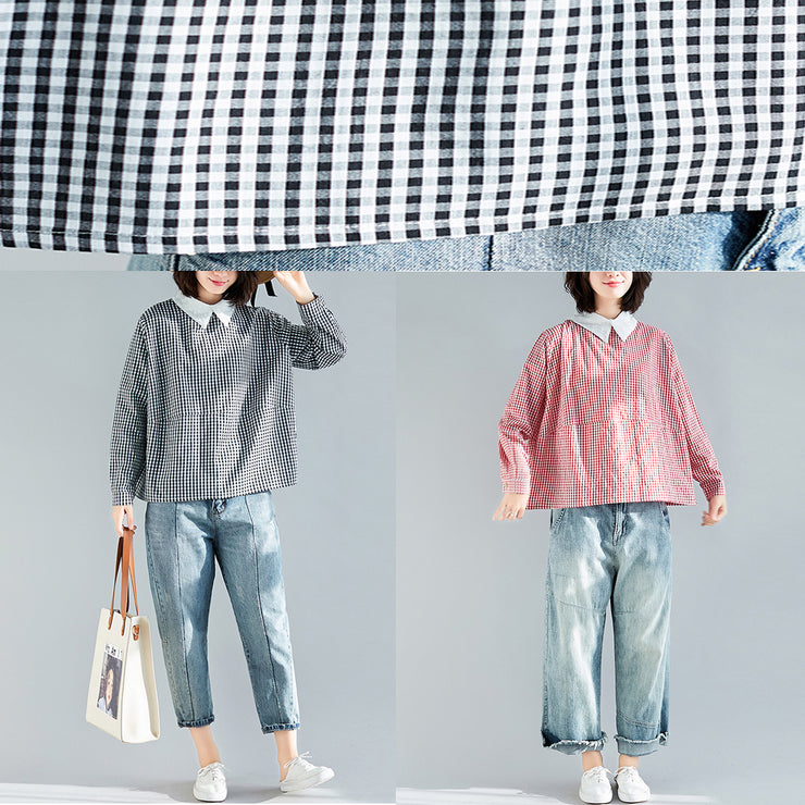 Natural red plaid cotton top silhouette 2025 Work Outfits lapel collar Plus Size Clothing pullover blouse