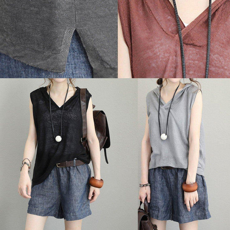 Natural sleeveless cotton clothes For Women hooded oversized black blouses - SooLinen