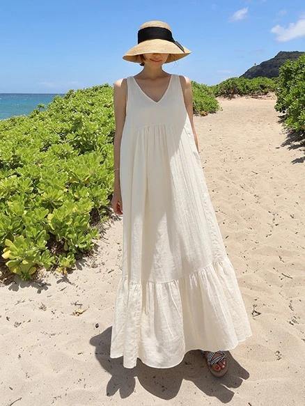 Natural sleeveless patchwork cotton quilting dresses Work white Maxi Dresses - SooLinen