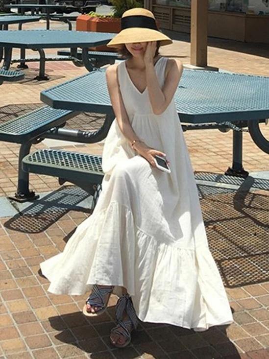 Natural sleeveless patchwork cotton quilting dresses Work white Maxi Dresses - SooLinen