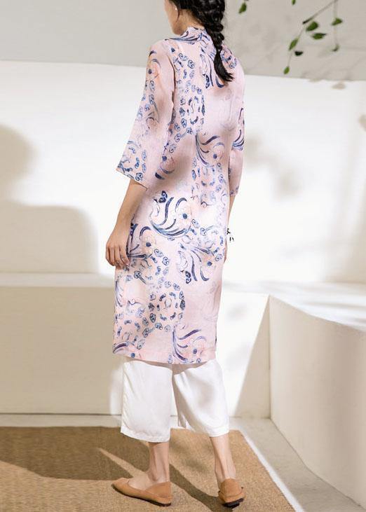 Natural stand collar Chinese Button linen summer dresses Work Outfits pink print Dress - SooLinen