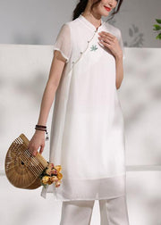 Natural stand collar embroidery quilting clothes Fabrics white Dresses - SooLinen