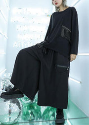 Natural tassel cotton clothes pattern black pullover fall - SooLinen