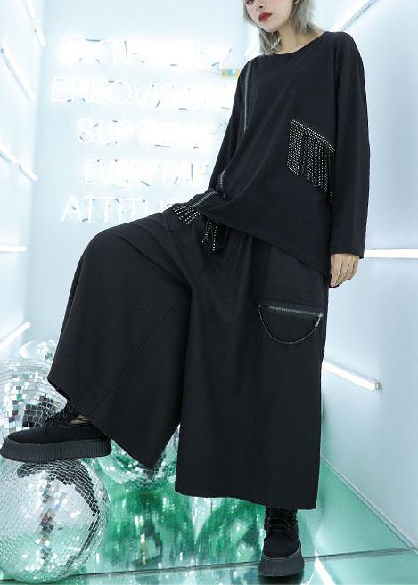 Natural tassel cotton clothes pattern black pullover fall - SooLinen