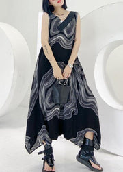 Natural v neck zippered linen dresses Wardrobes black print Dress - SooLinen