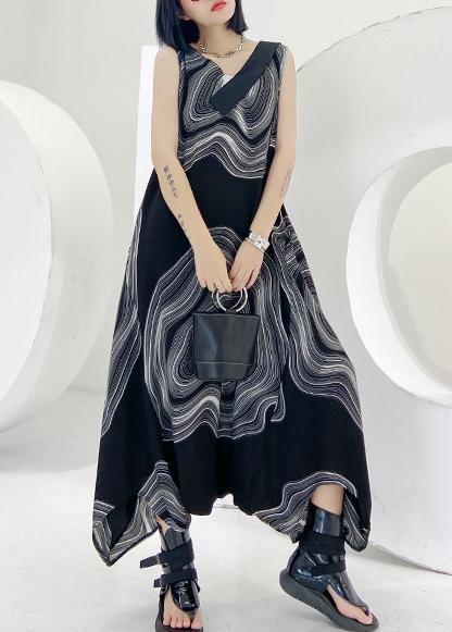 Natural v neck zippered linen dresses Wardrobes black print Dress - SooLinen