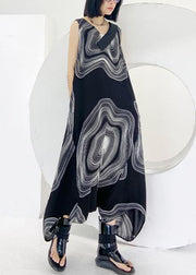 Natural v neck zippered linen dresses Wardrobes black print Dress - SooLinen