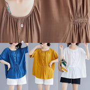 Natural white cotton Blouse o neck half sleeve loose summer top - SooLinen