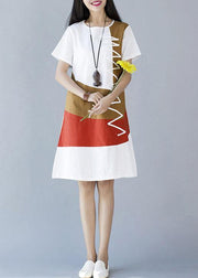 Natural white patchwork color cotton linen Wardrobes short sleeve loose summer Dresses - SooLinen