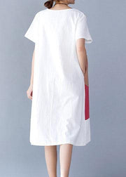 Natural white patchwork color cotton linen Wardrobes short sleeve loose summer Dresses - SooLinen