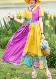Natural yellow purple print cotton Tunics v neck patchwork Maxi summer Dress - SooLinen