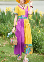 Natural yellow purple print cotton Tunics v neck patchwork Maxi summer Dress - SooLinen