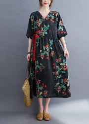 Navy Patchwork Linen holiday Dresses Tie Waist Short Sleeve