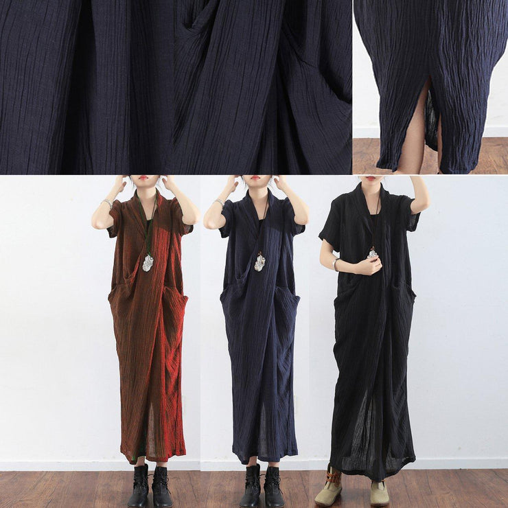 Navy cross design texture linen maxi dresses short sleeved casual caftans elegant