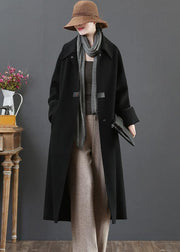 New  Loose fitting long coat winter coats black lapel pockets woolen coats - SooLinen