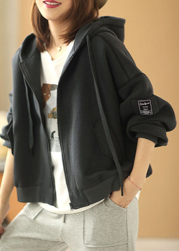 New Black Hooded Zippered Pockets Fall Jackets Long Sleeve