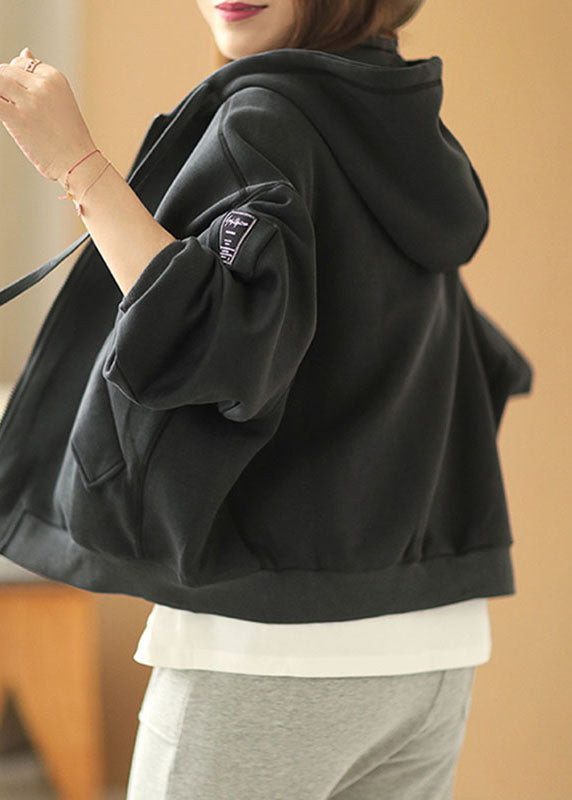 New Black Hooded Zippered Pockets Fall Jackets Long Sleeve