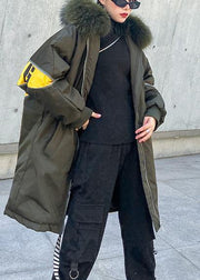 New army green overcoat plus size snow jackets hooded faux fur collar winter outwear - SooLinen