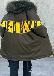 New army green overcoat plus size snow jackets hooded faux fur collar winter outwear - SooLinen