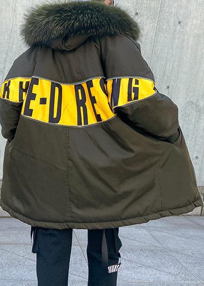 New army green overcoat plus size snow jackets hooded faux fur collar winter outwear - SooLinen